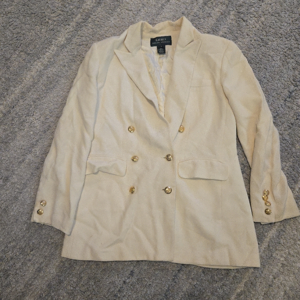 Lauren Ralph Lauren Cream Wool Double Breasted Blazer Gold Crest Buttons Sz 4